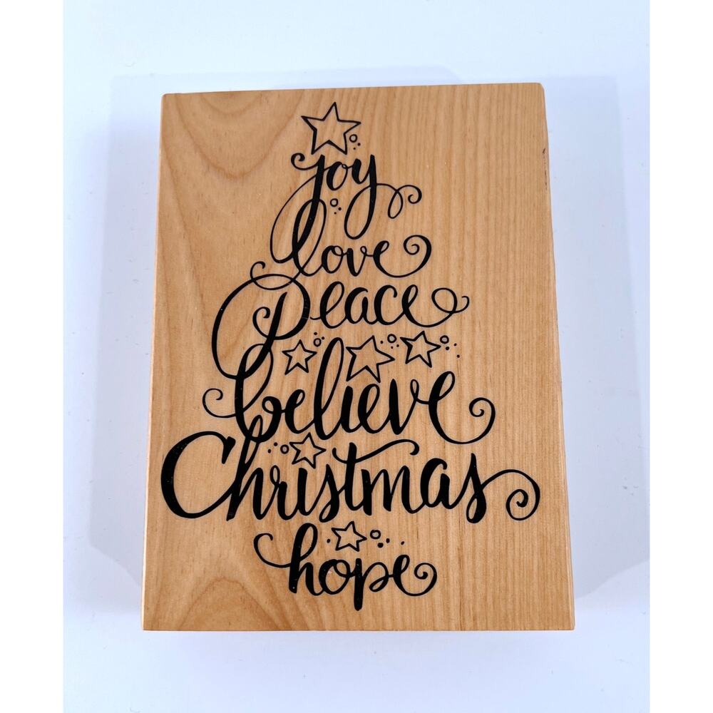 Vintage Christmas Tree Rubber Stamp Joy Love Peace Believe Hope Wood Mount